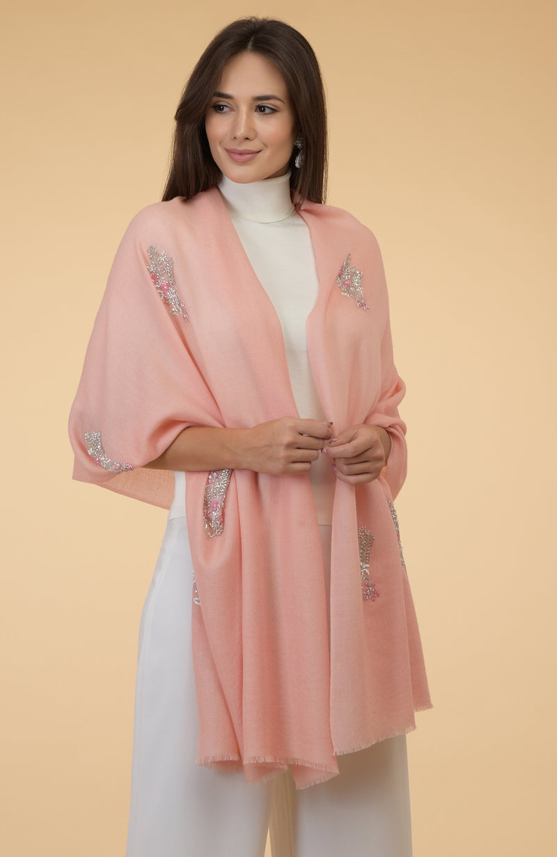 Pastel Peach Floral Hand Embroidered Pure Cashmere Stole