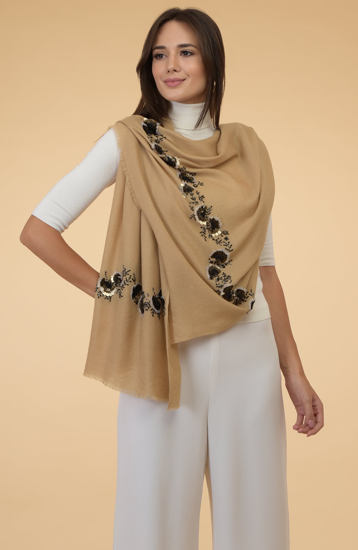 Camel Beige Floral Hand Embroidered Pure Cashmere Stole – Talking Threads