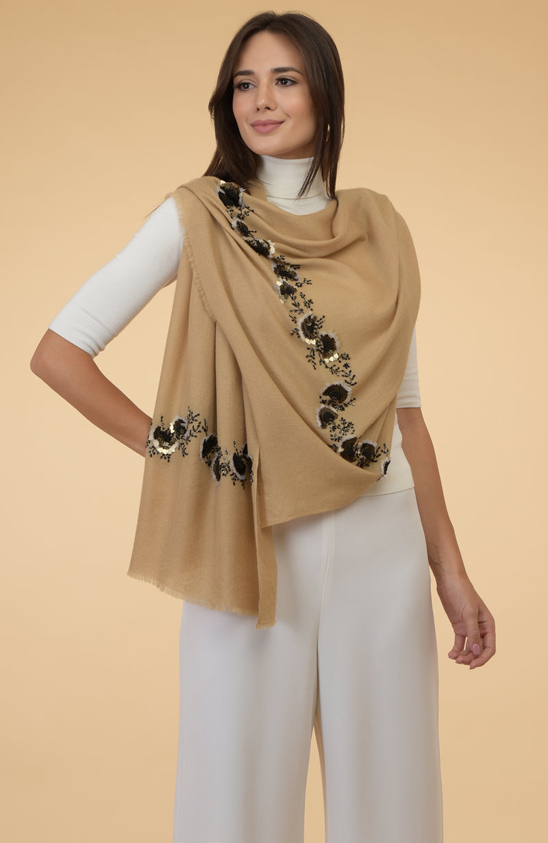 Camel Beige Floral Hand Embroidered Pure Cashmere Stole