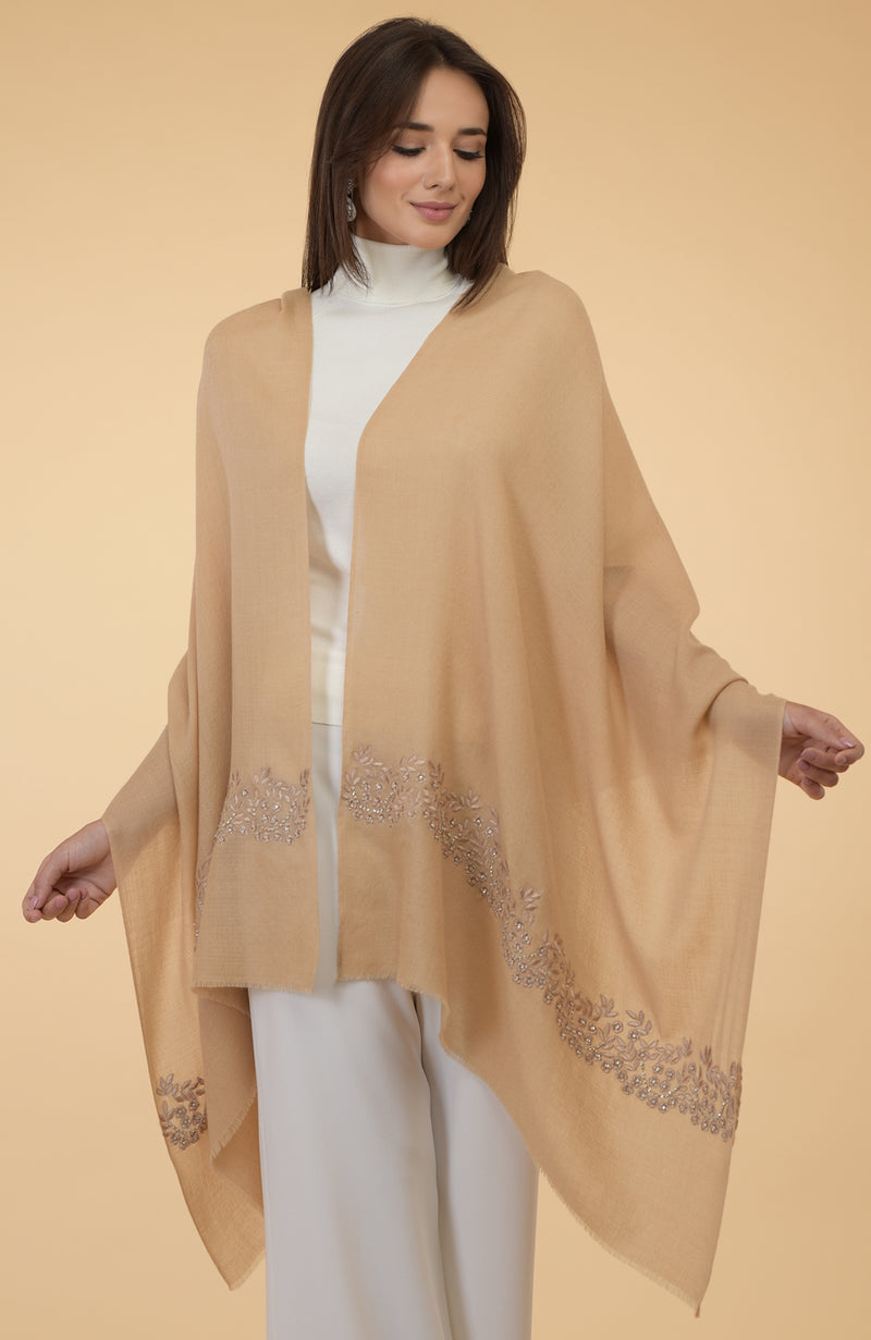 Nude Beige Floral & Crystal Embroidered Pure Cashmere Stole