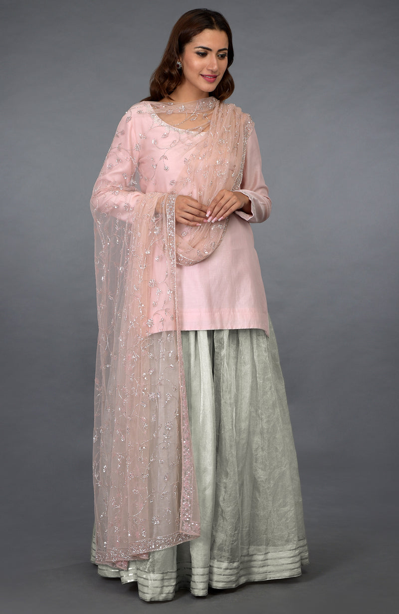 Pink-Silver Zari Beads & Sequin Embroidered Sharara Suit