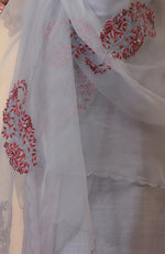 Grey-Maroon Kantha Embroidered Kurta Set with Dupatta