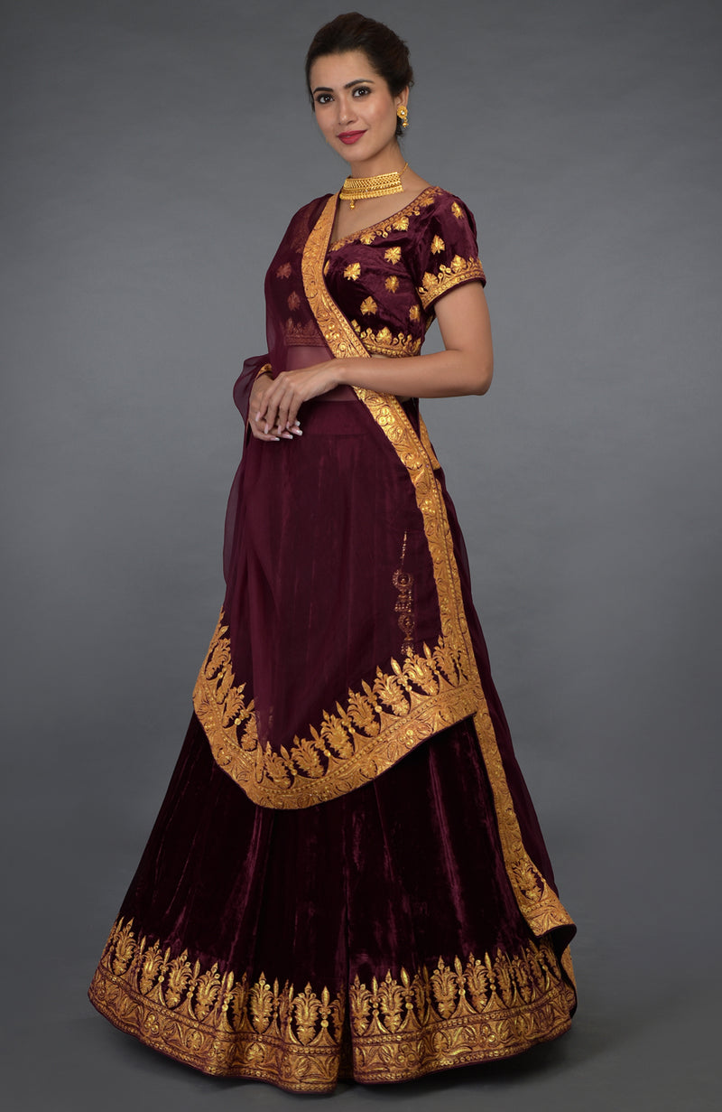 Burgundy Kashmiri Tilla Embroidered Lehenga Outfit
