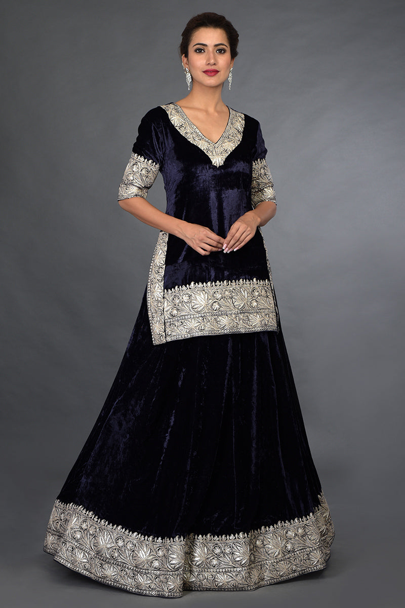 Midnight Blue Kashmiri Tilla Embroidered Lehenga Outfit
