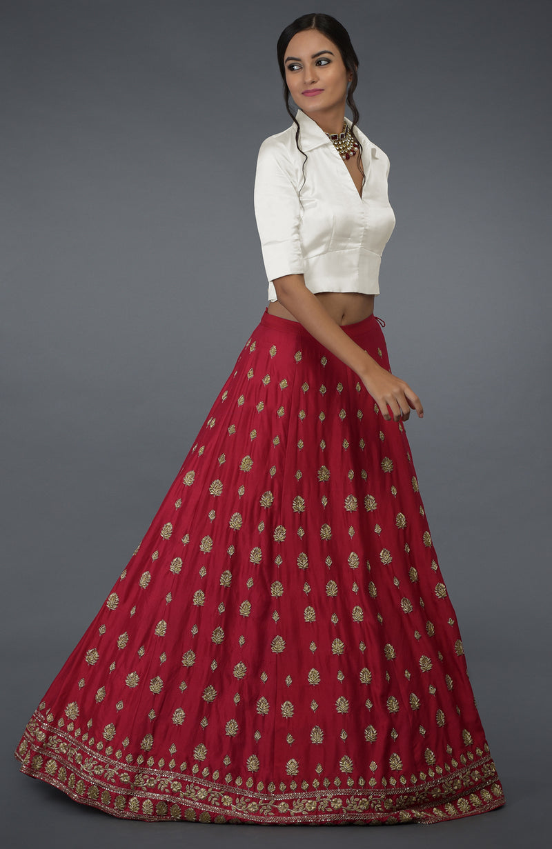 Royal Red Zardozi & Crystal Hand Embroidered Skirt With Blouse