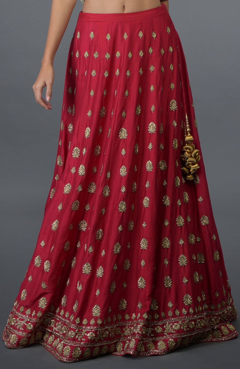 Royal Red Zardozi & Crystal Hand Embroidered Skirt With Blouse