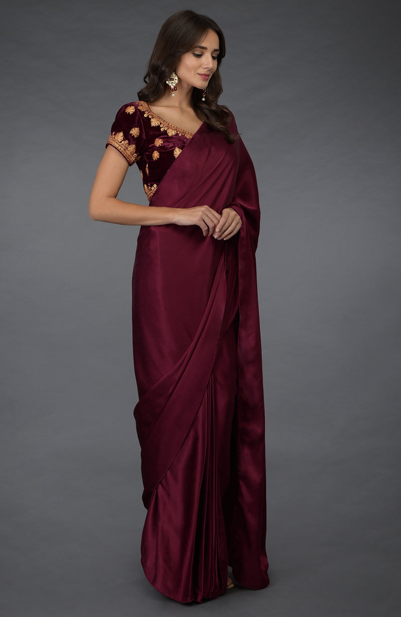 Burgundy  Satin Silk Saree with Kashmiri Tilla Embroidered Blouse
