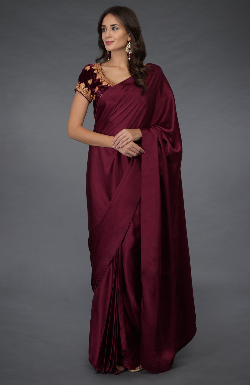 Burgundy  Satin Silk Saree with Kashmiri Tilla Embroidered Blouse