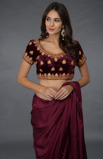 Burgundy  Satin Silk Saree with Kashmiri Tilla Embroidered Blouse