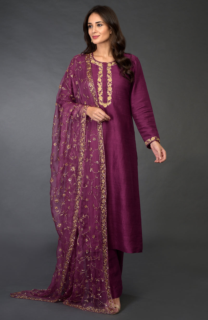 Peacock Pink- Gold Zari Beads & Sequin Embroidered Suit