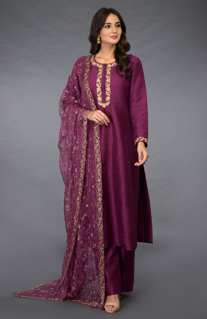 Peacock Pink- Gold Zari Beads & Sequin Embroidered Suit