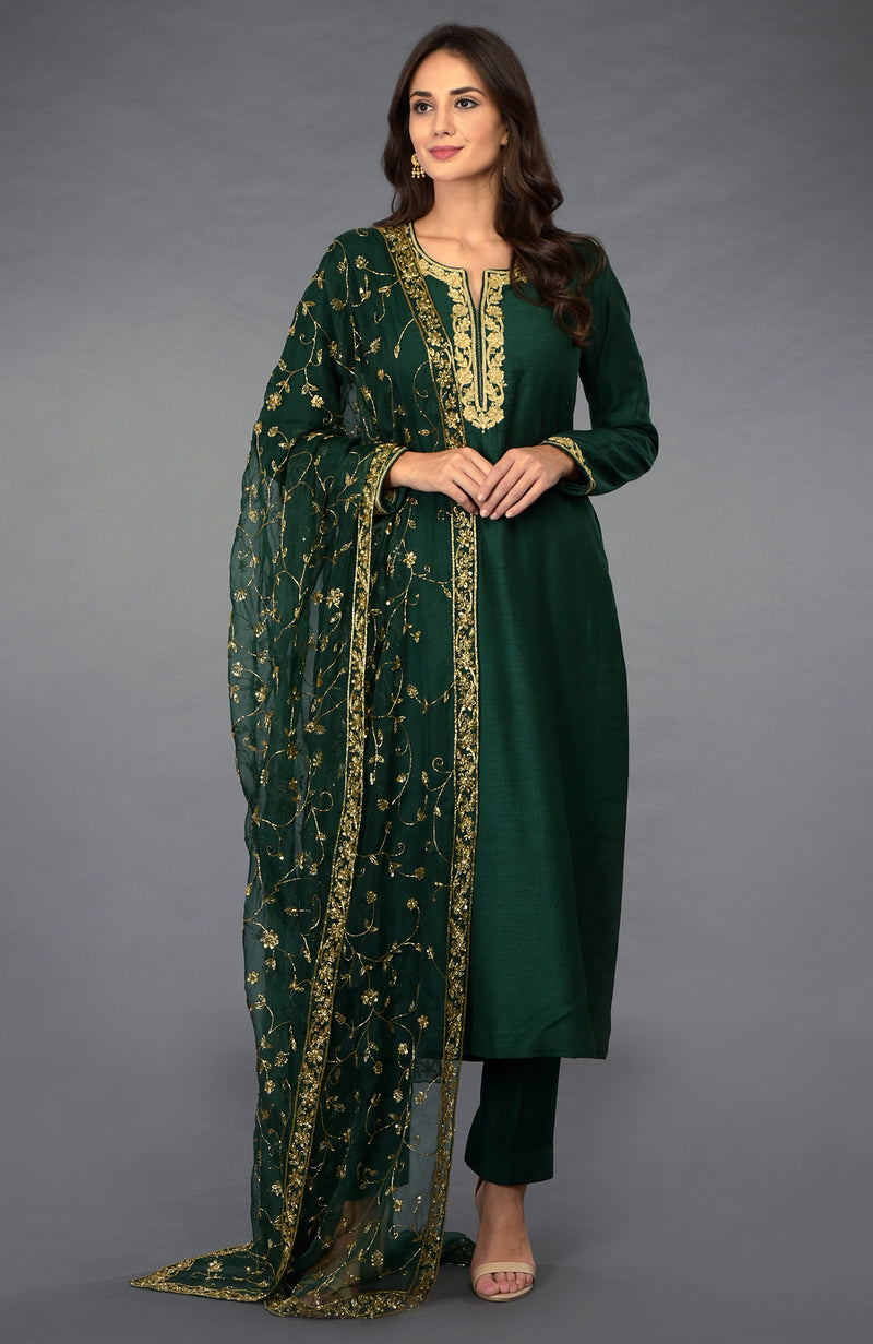 Emerald Pure Tussar Silk Zari Beads & Sequin Embroidered Suit