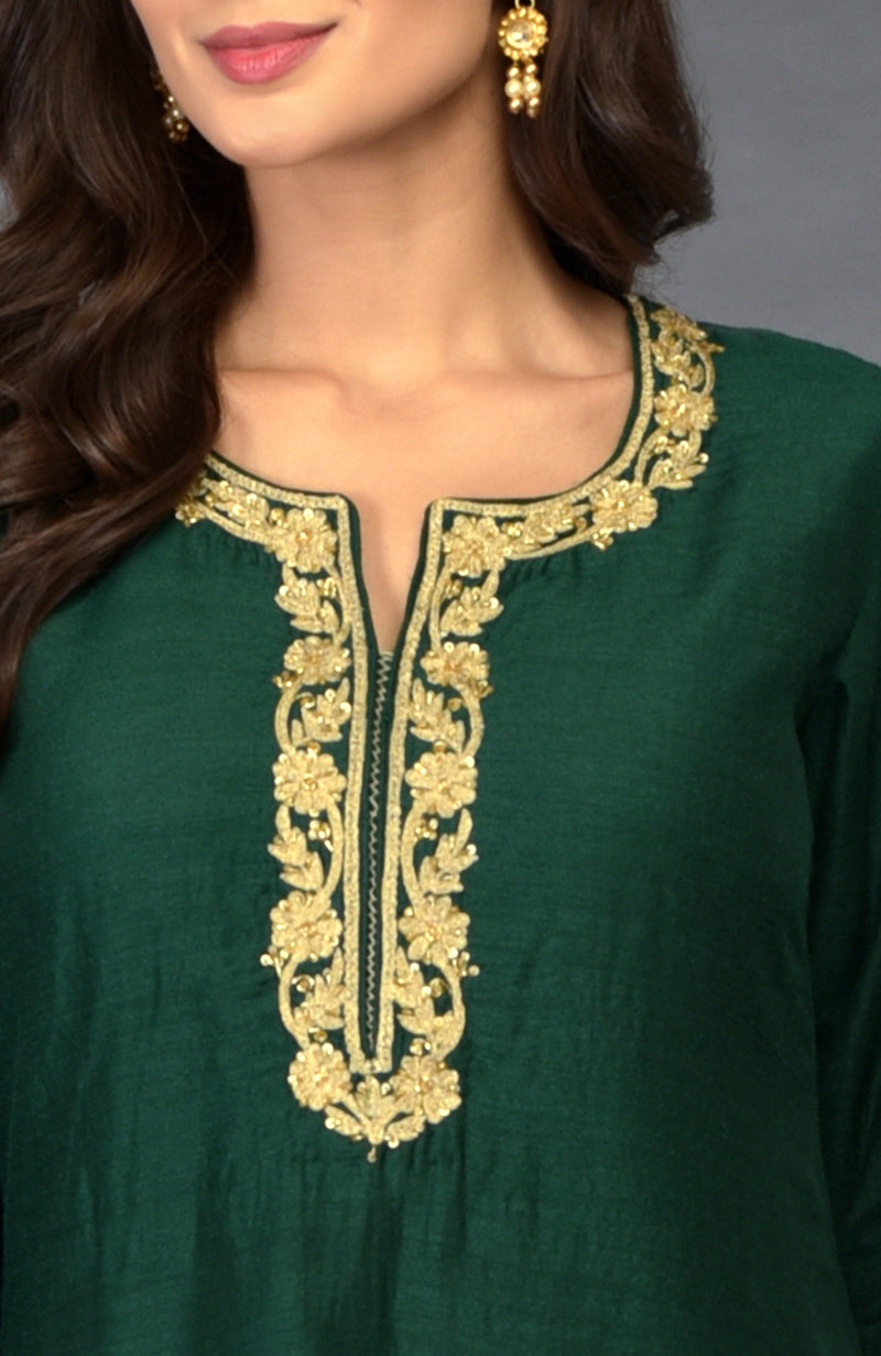 Emerald Pure Tussar Silk Zari Beads & Sequin Embroidered Suit