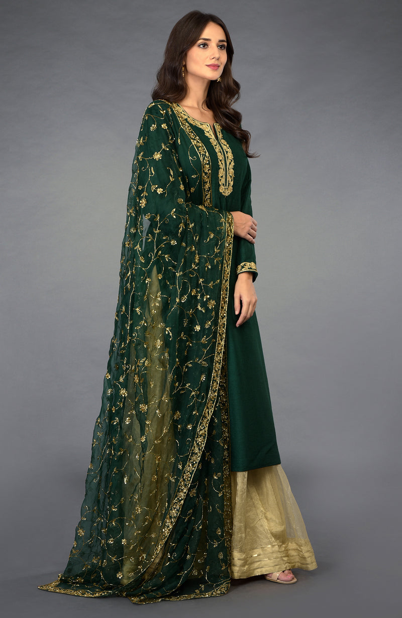 Emerald Pure Tussar Silk Zari Beads & Sequin Sharara Suit
