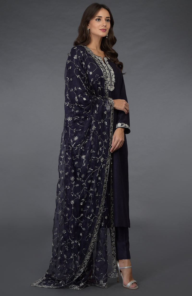 Eclipse Blue- Silver Zari Beads & Sequin Embroidered Suit