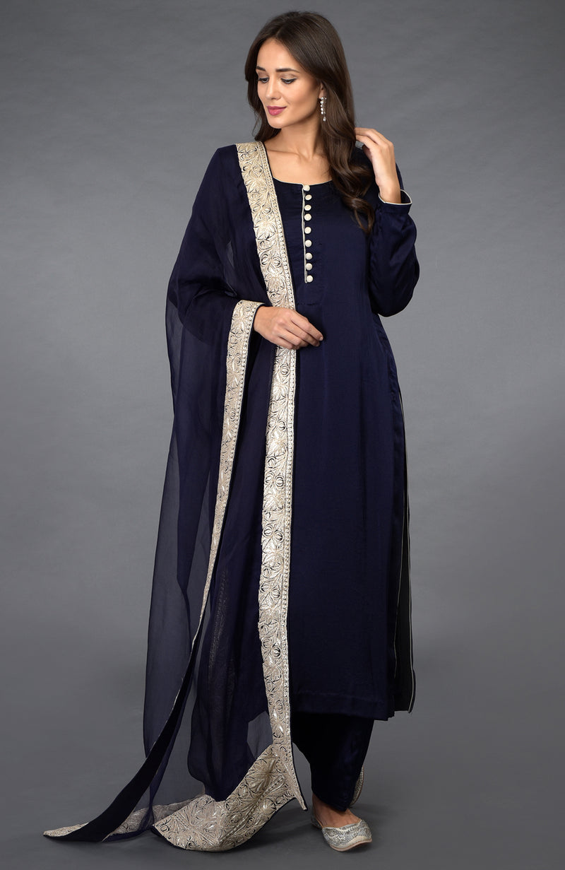 Midnight Blue Kashmiri Tilla Embroidered Salwar Pants Suit