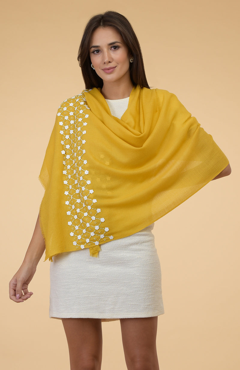 Yellow 3D Floral & Beads Hand Embroidered Pure Cashmere Stole