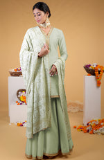 Sage Green Chikankari Kamdani & Zardozi Hand Embroidered Sharara Suit