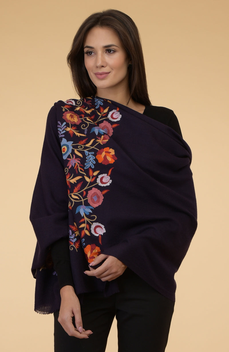 Eclipse Blue Floral Embroidered Pure Cashmere Stole