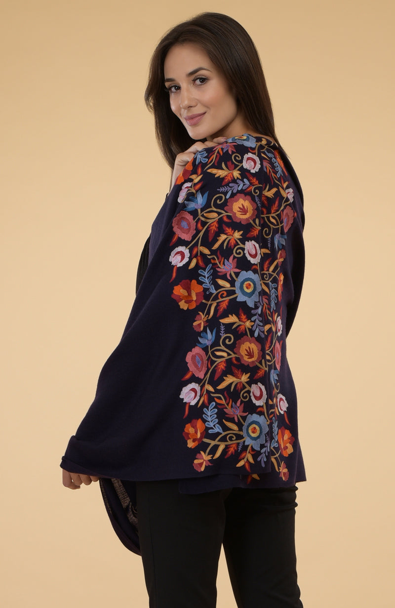 Eclipse Blue Floral Embroidered Pure Cashmere Stole