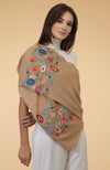 Camel Beige Floral Embroidered Pure Cashmere Stole