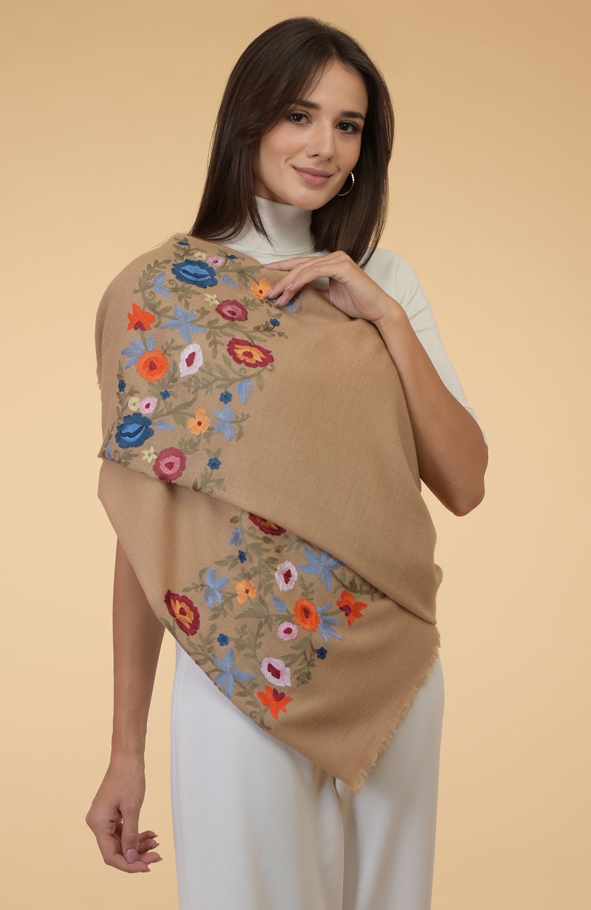 Camel Beige Floral Embroidered Pure Cashmere Stole – Talking Threads