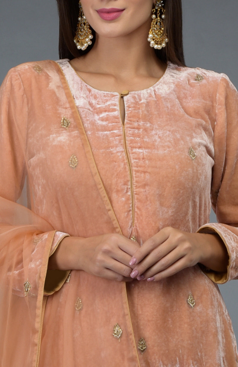 Peach Rose Zardozi Hand Embroidered Silk Velvet Suit