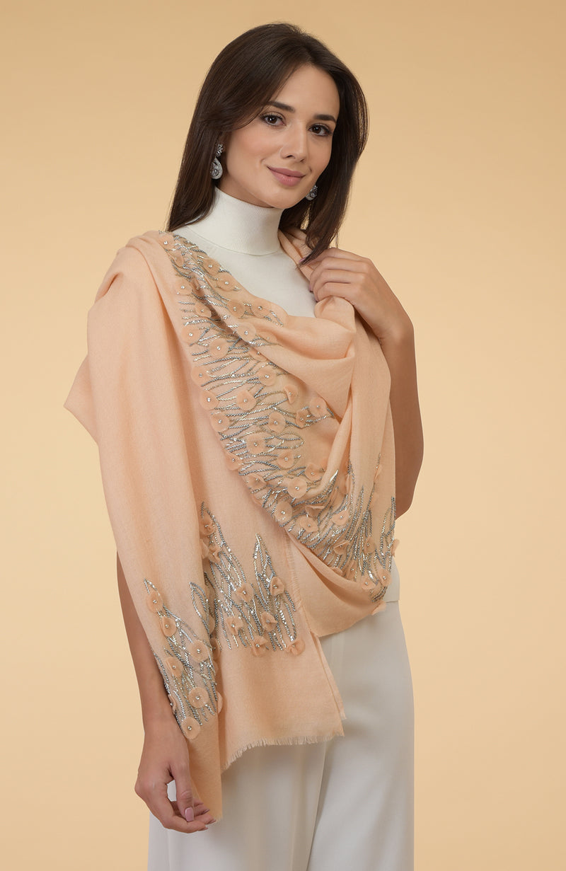Nude Peach 3D Floral & Beads Hand Embroidered Pure Cashmere Stole