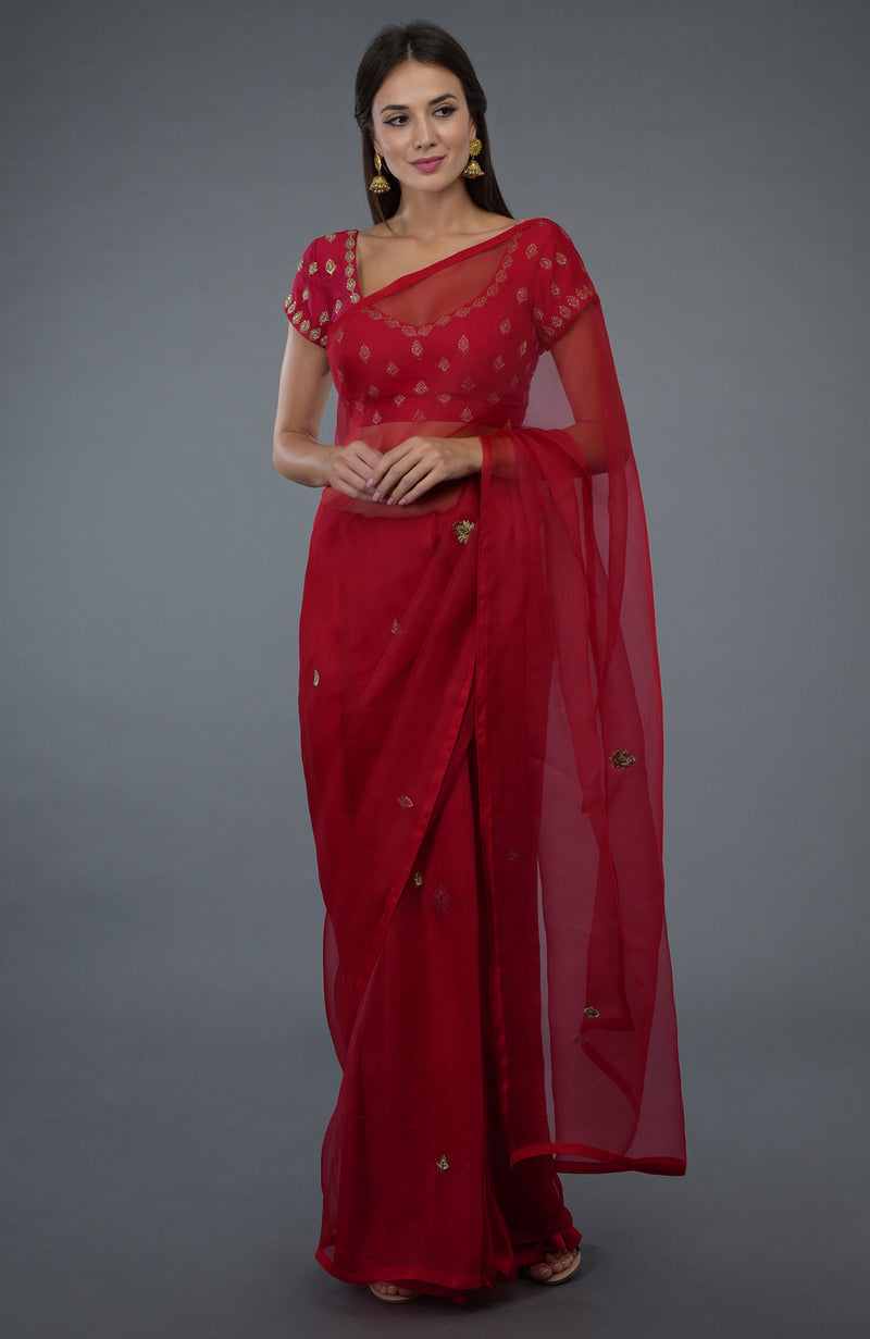 Royal Red Zardozi & Crystal Embroidered Saree & Blouse