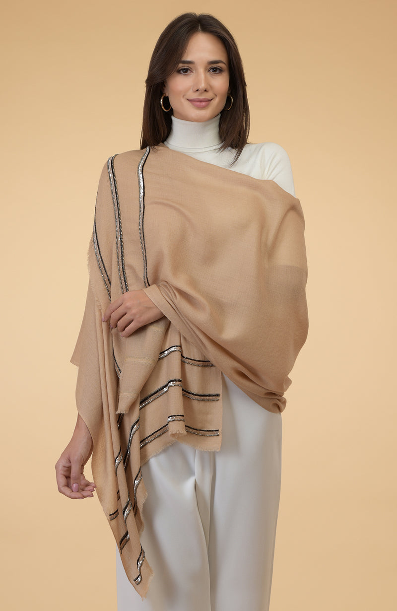 Camel Beige Beads & Sequin Hand Embroidered Pure Cashmere Stole – Talking  Threads