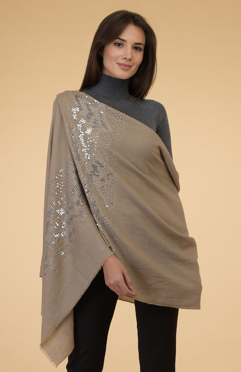 Beige Beads & Sequin Hand Embroidered Pure Cashmere Stole