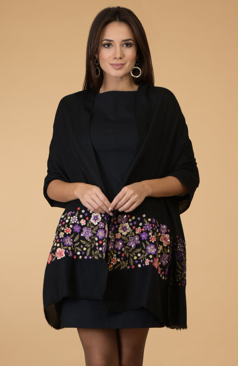 Black- Multicolour Floral Embroidered Pure Cashmere Stole