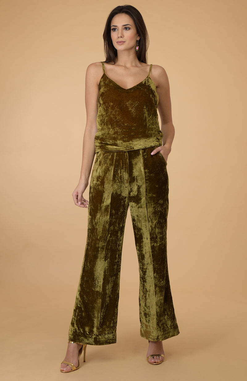 Olive Silk Velvet Cami Top with Wide Leg Pants