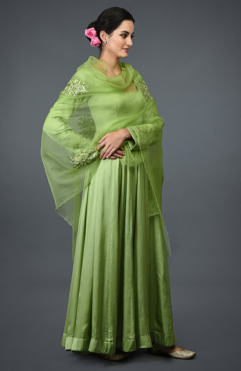 Pista Green Floral Embroidered Anarkali Suit with Dupatta