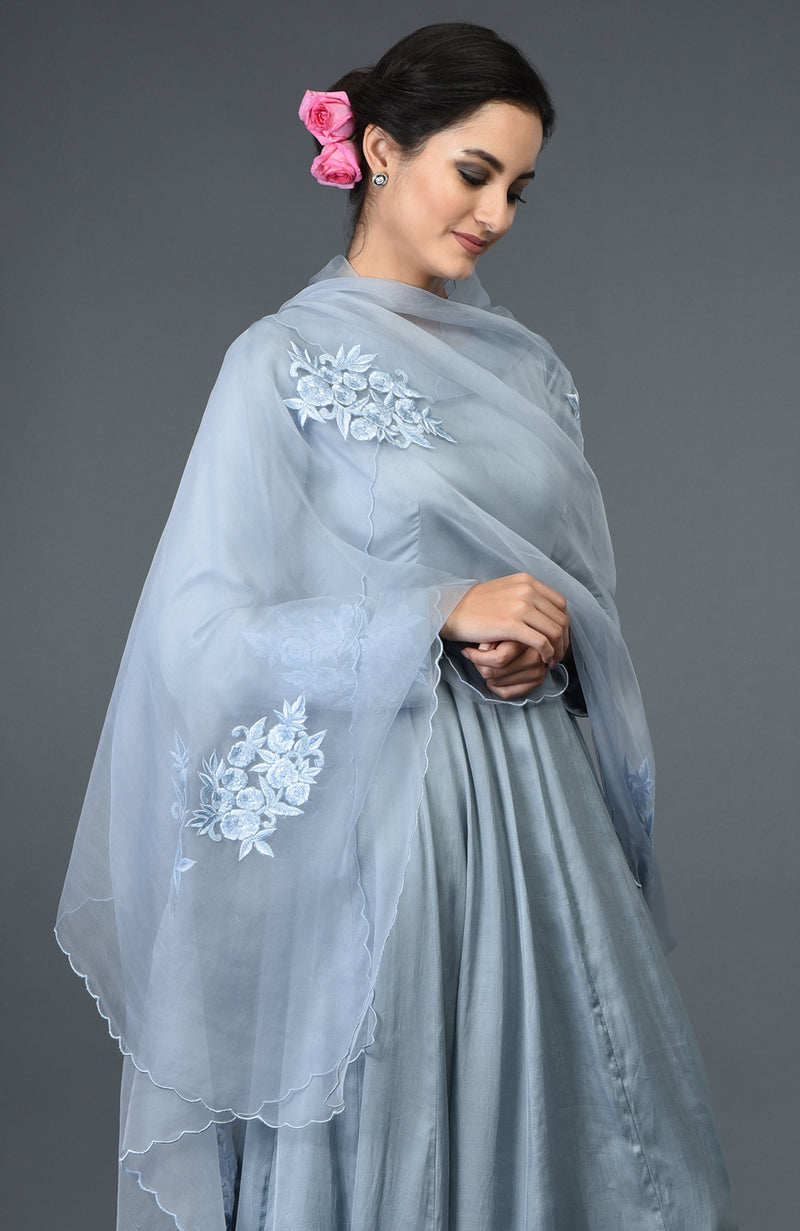 Powder Blue Floral Embroidered Anarkali Suit with Dupatta