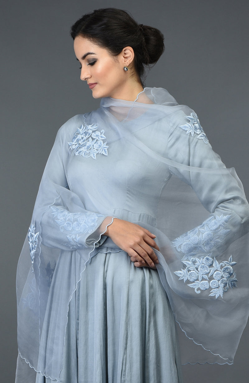 Powder Blue Floral Embroidered Anarkali Suit with Dupatta