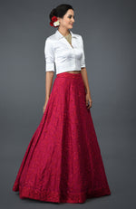Red Floral Sequin & Beads Hand Embroidered Skirt With Blouse