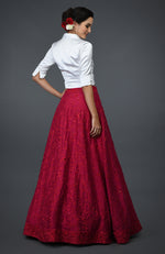 Red Floral Sequin & Beads Hand Embroidered Skirt With Blouse
