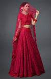 Red Tulle Dupatta With Floral Resham Sequin & Beads Embroidery