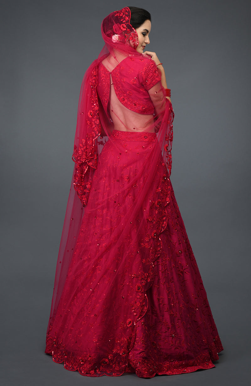 Red Floral Resham Sequin & Beads Embroidered Lehenga Outfit