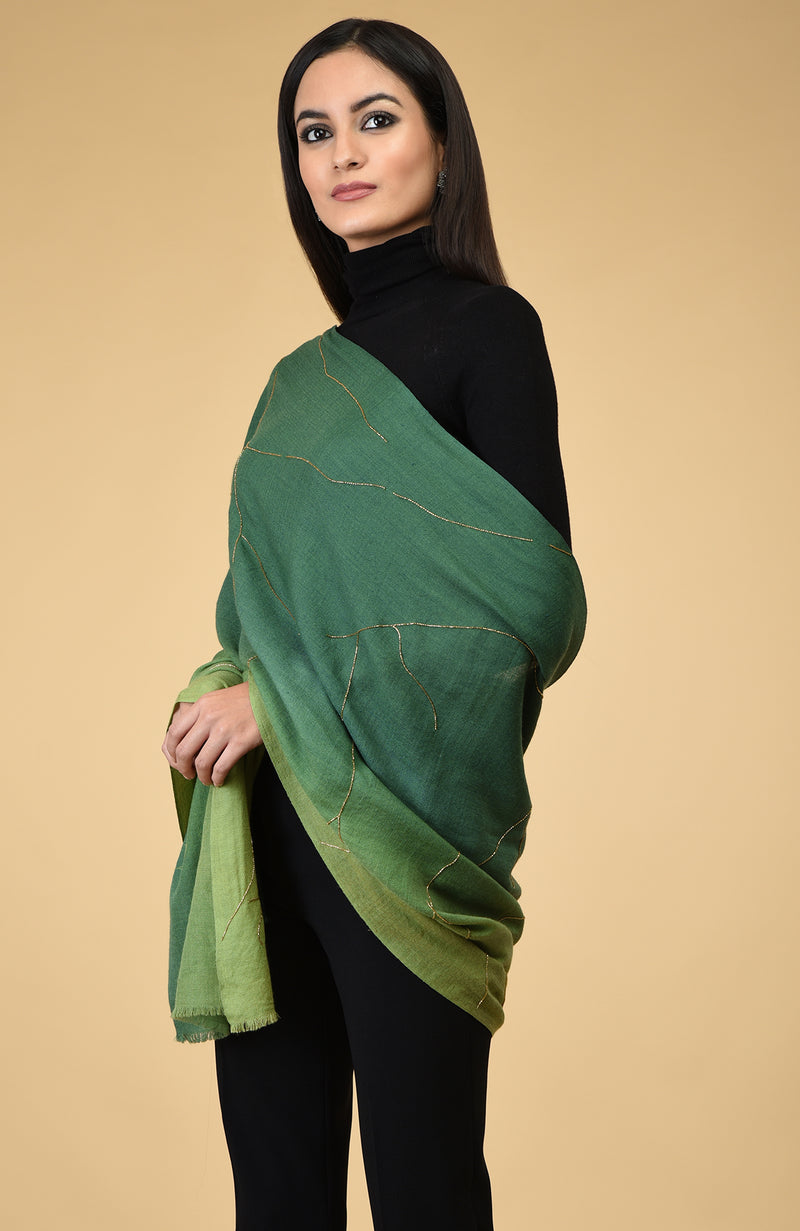 Green Ombre Gold Beads Hand Embroidered Pure Cashmere Stole