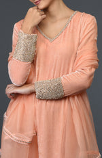 Peach Rose Crystal & Beads Hand Embroidered Silk Velvet Suit