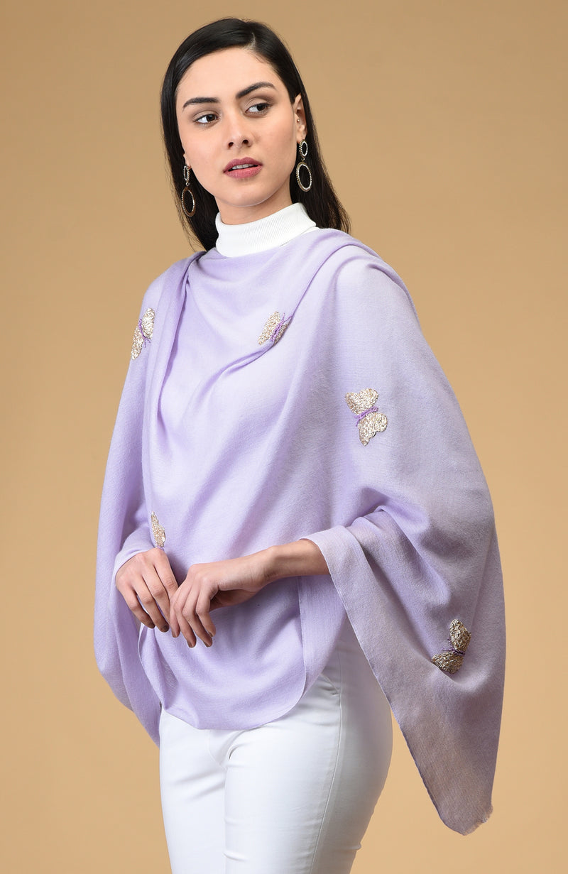 Lilac Butterfly Hand Embroidered Pure Cashmere Stole