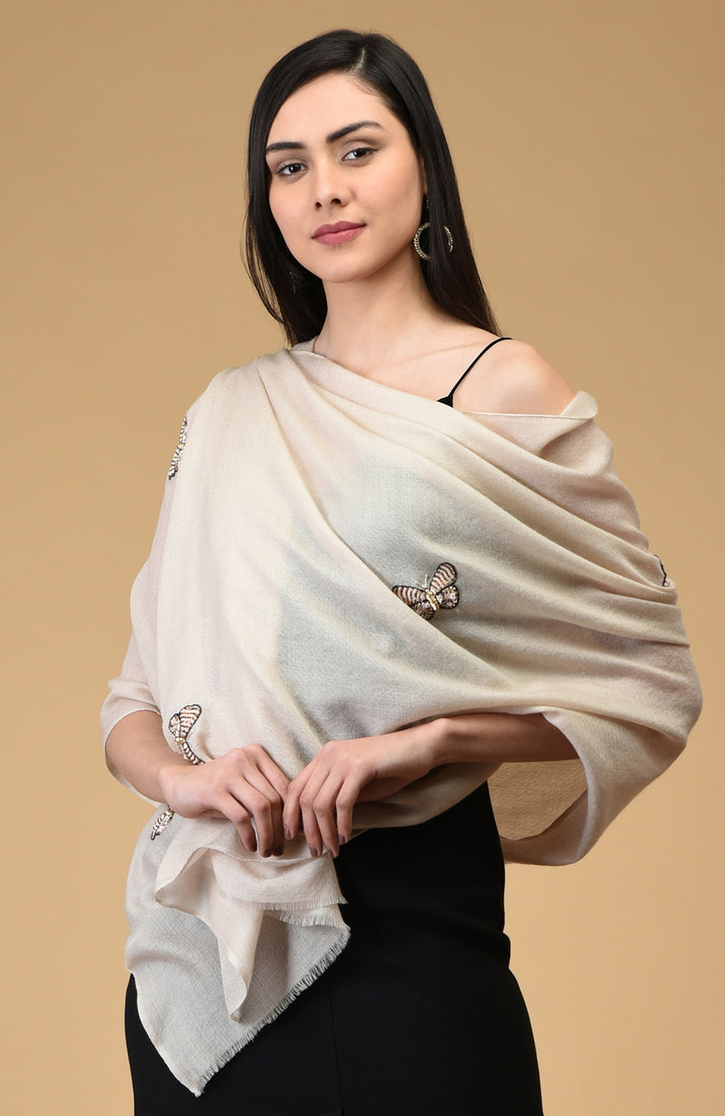 Light Beige Butterfly Hand Embroidered Pure Cashmere Stole