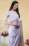 Lilac Floral Embroidered Linen Saree
