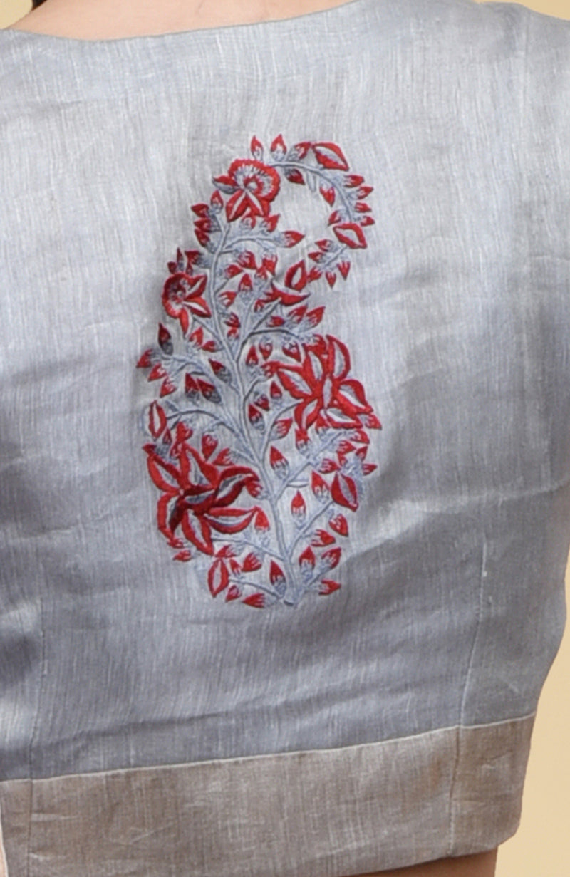 Dove Grey Paisley Embroidered Silk Linen Saree