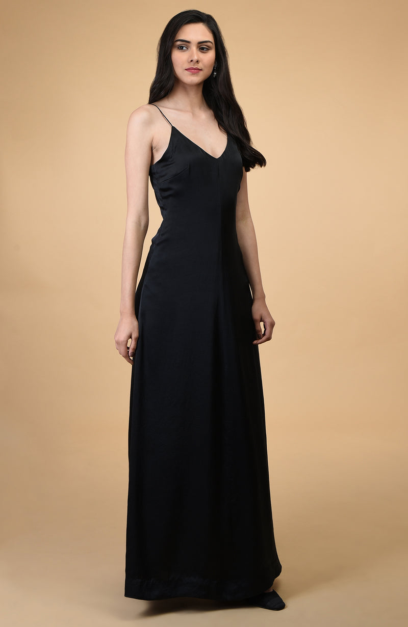 Classic Black Silk-Satin Long Slip Dress