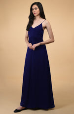 Classic Blue Silk-Satin Long Slip Dress