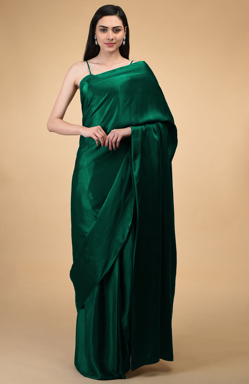 Emerald Green Pure Satin Crepe Silk Saree