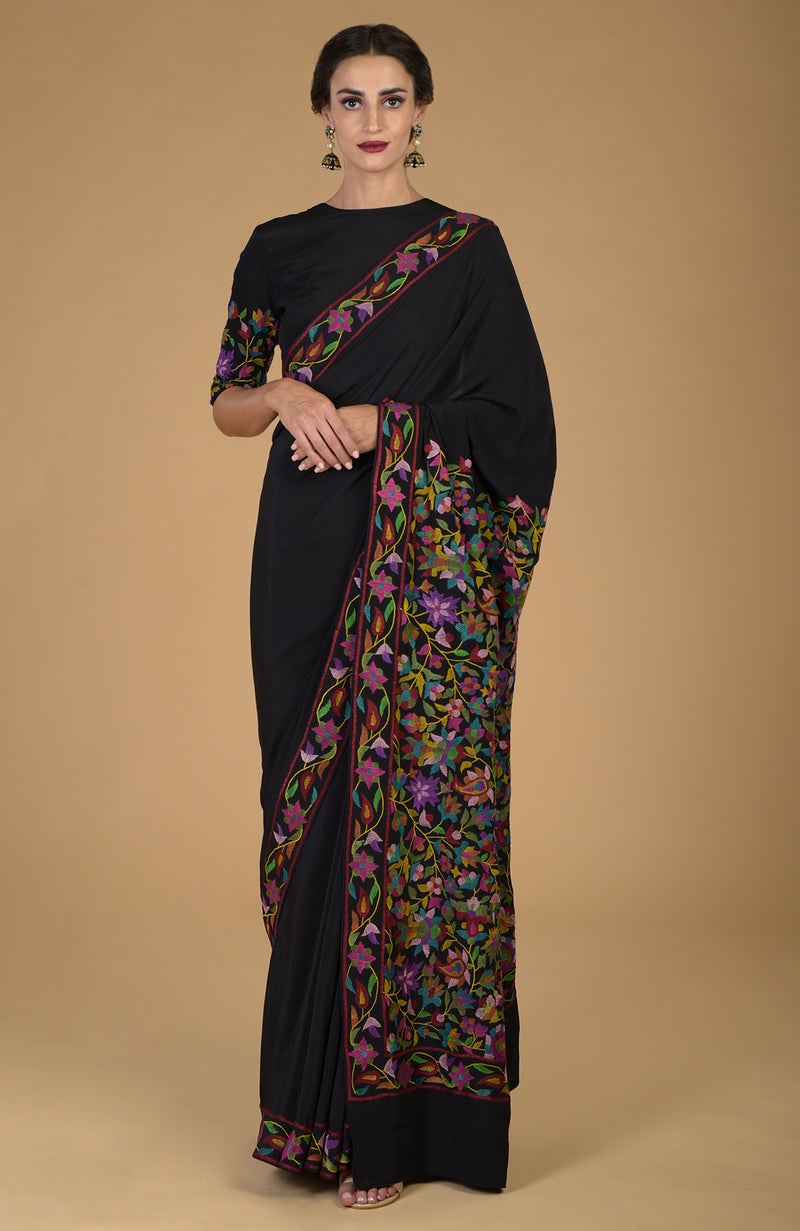 Buy Black Saree With Kashmiri Thread Work And Unstitched Blouse Piece